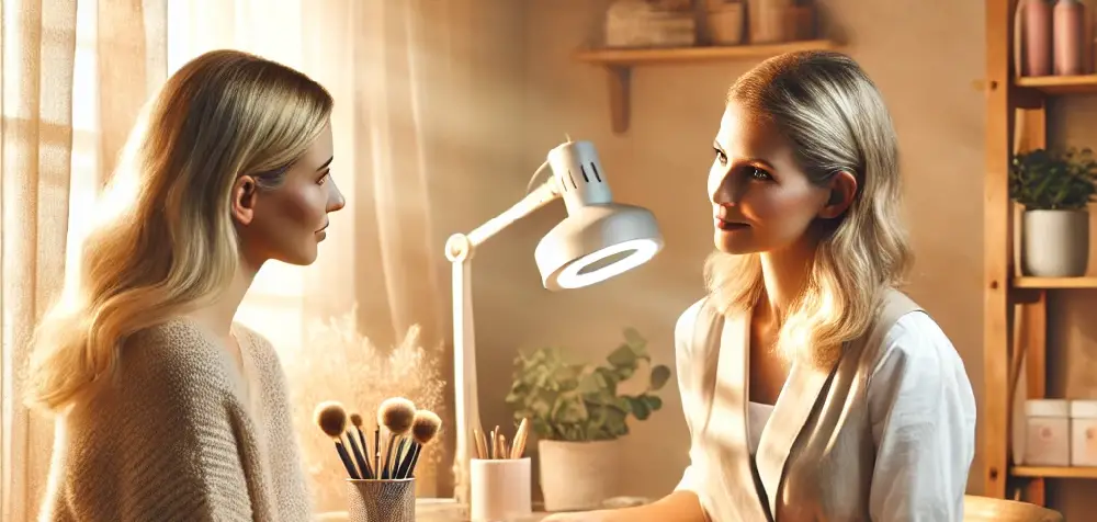 two women sitting in front of each other with long blond wavy hairs, in background a lamp and makeup brushes, light comes from curtains