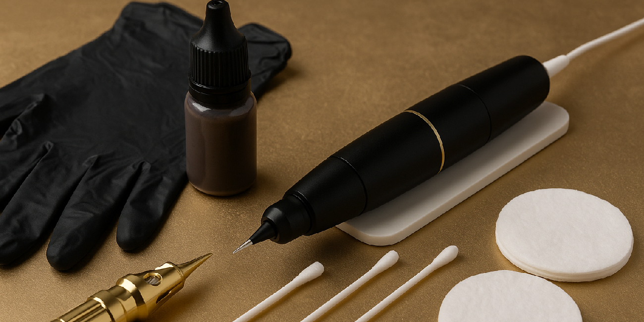 Permanent makjeup tools on the table with latex gloves