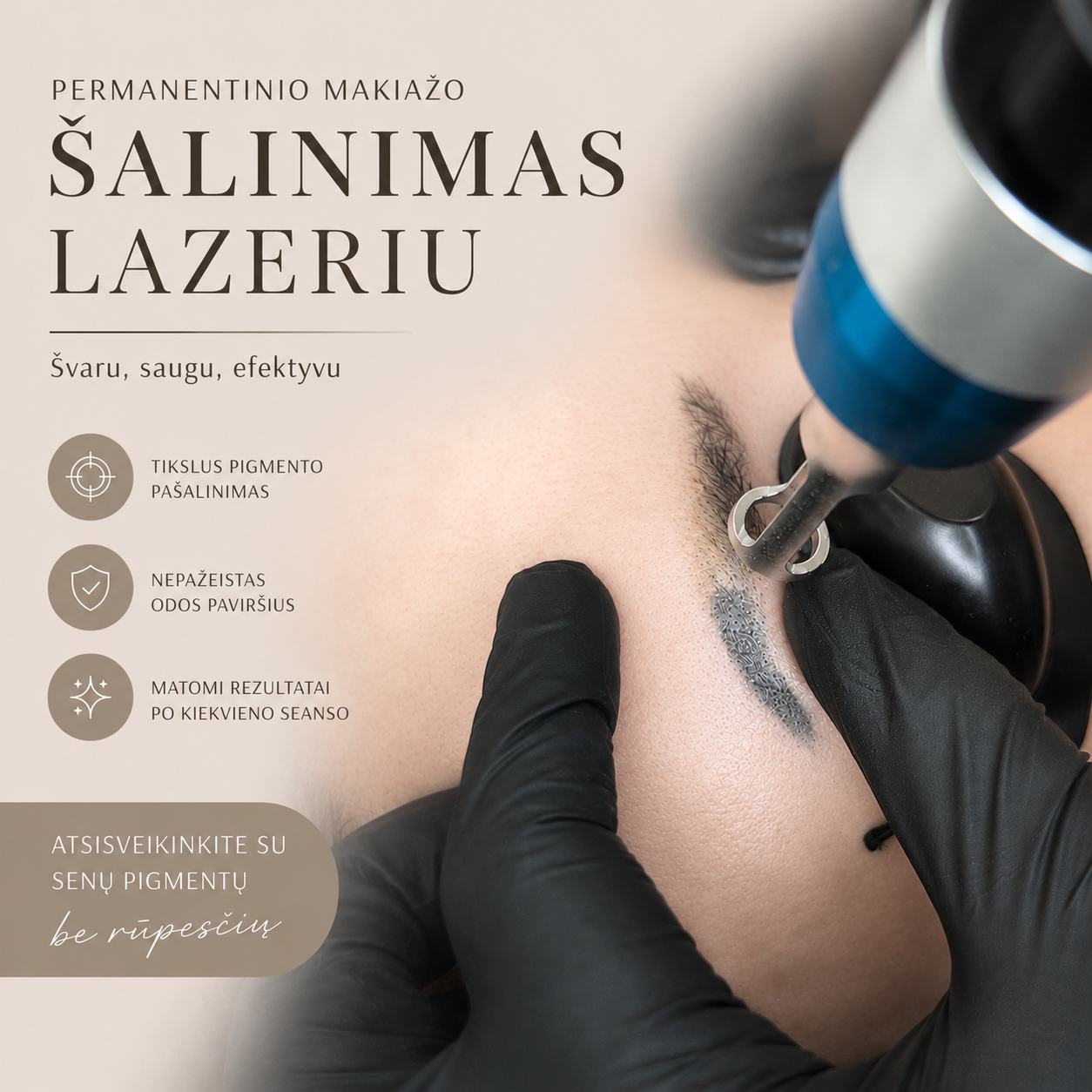 Laser pointing to the eyebrow while removing the pigment. With text